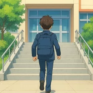 estudante com escadaria a frente