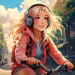 garota escutando música enquanto anda de bicicleta